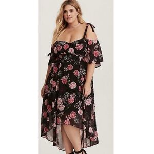 TORRID | Black and Pink Floral Print Chiffon Hi Low Maxi Dress Sz. 1 or a 1X